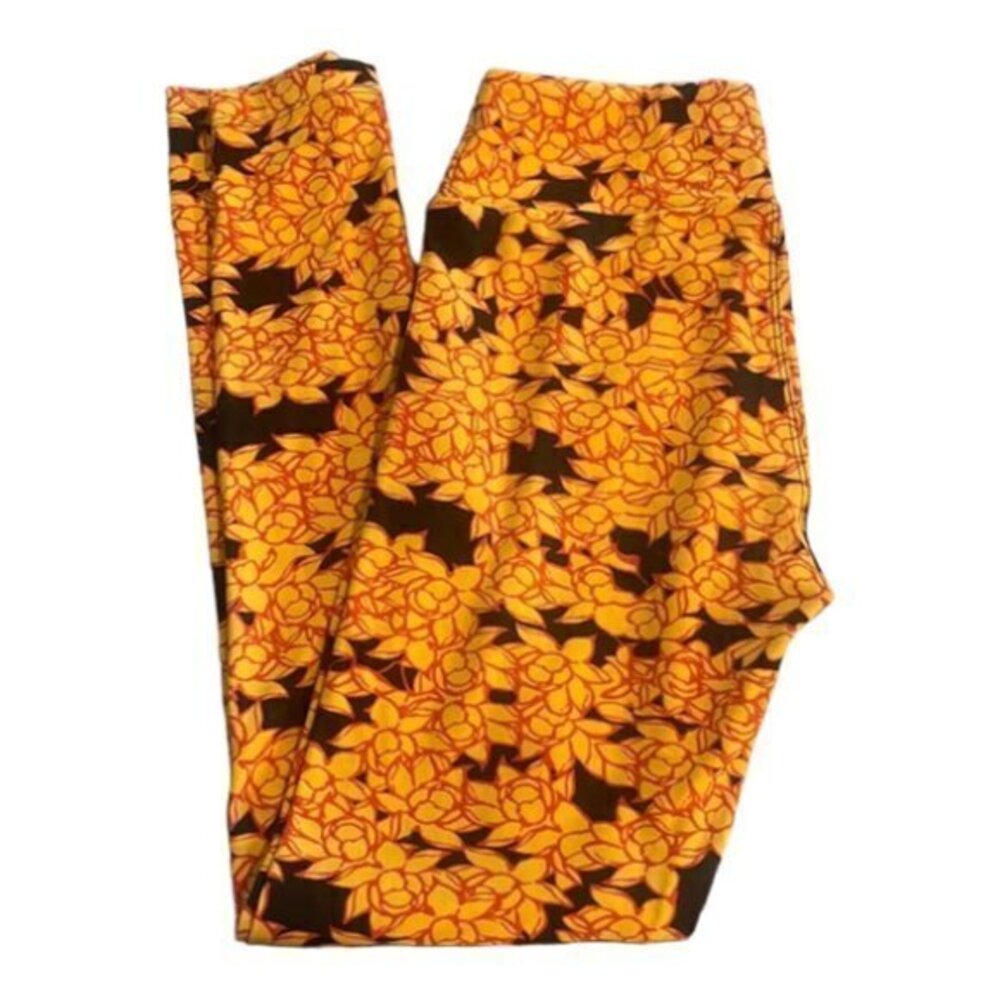 Lularoe Orange Black Floral Buttery Soft Yoga Band Leggings One Size NWOT #7960